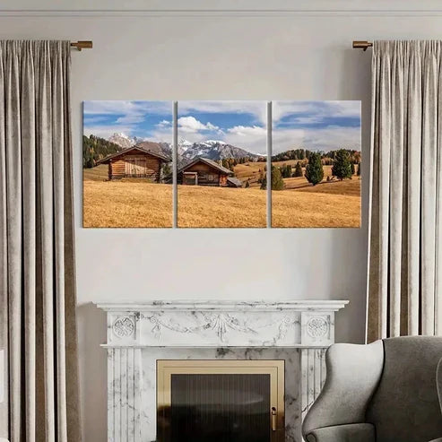 3pcs Plateau Mountains and Huts Modern Wall Art Canvas Unframed – High Quality Print 100% Australian Made Wall Canvas