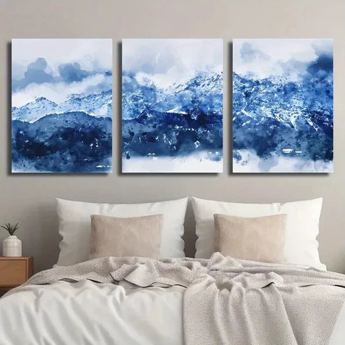 3pcs Abstract Blue White Navy Blue Mountains Wall Art Set Canvas Unframed - High Quality Print 100% Australian Made Wall Canvas - Bella Home Decor