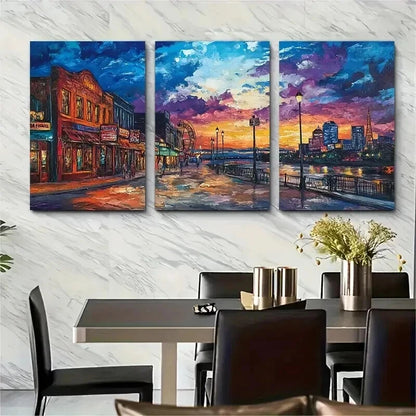 3pcs Memphis Sunset Nighttime Cityscape Perfect Wall Art Set Canvas Framed 50x70cm - High Quality Print 100% Australian Made Wall Canvas Ready to Hang - Bella Home Decor
