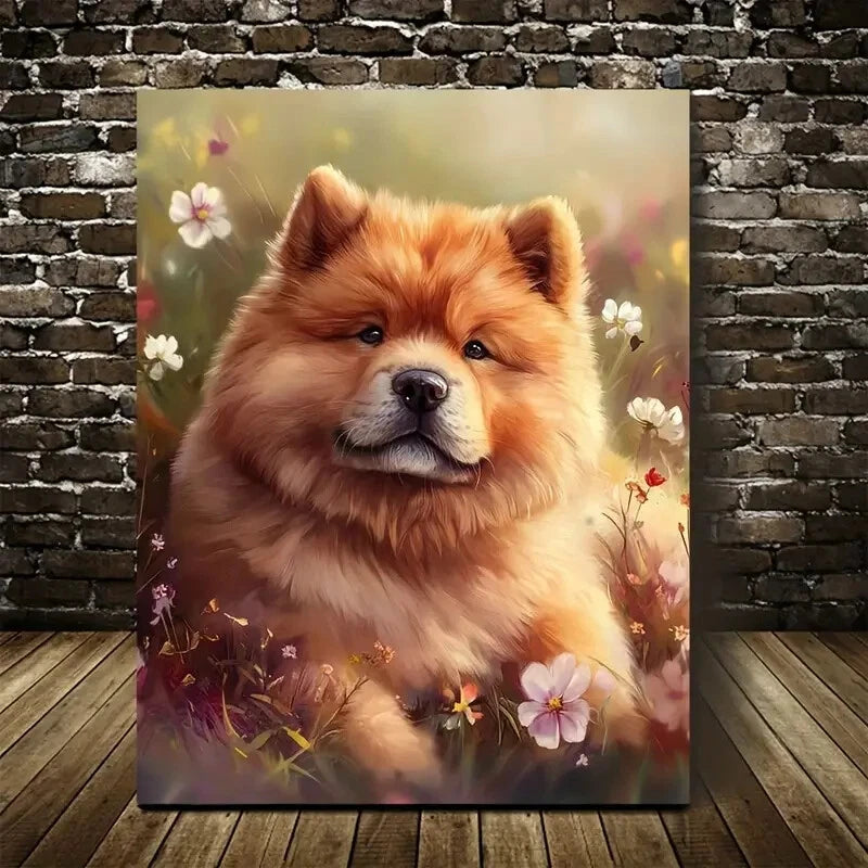 Adorable Chow Chow Dog with Flowers & Plants 40x60cm Metal Print Ready to Hang - Bella Home Decor