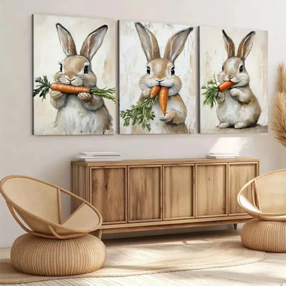3pcs Cute Rabbit Orange Carrot Green Leaves Wall Art Set Canvas Unframed - High Quality Print 100% Australian Made Wall Canvas - Bella Home Decor