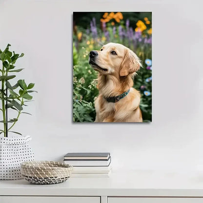 Charming Golden Retriever Dog with Vibrant Flowers 40x60cm Metal Print Ready to Hang - Bella Home Decor