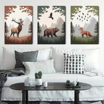 3pcs Deer, Bear, Fox, Pine Trees    Wall Art Set Canvas Framed 50x70cm - High Quality Print 100% Australian Made Wall Canvas Ready to Hang - Bella Home Decor