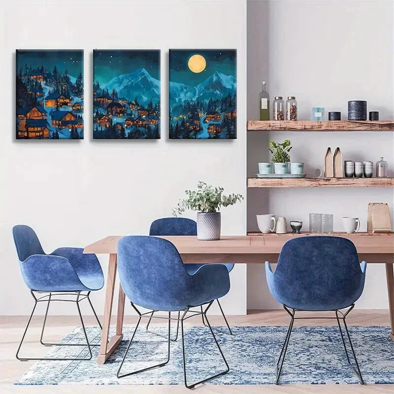 3pcs Moonlit Mountain Village Under Full Moon Metal Print Ready to Hang Art - Bella Home Decor