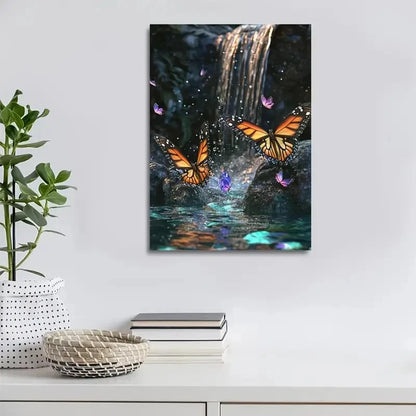 Realistic Butterfly & Waterfall Scene Painting 40x60cm Metal Print Ready to Hang - Bella Home Decor