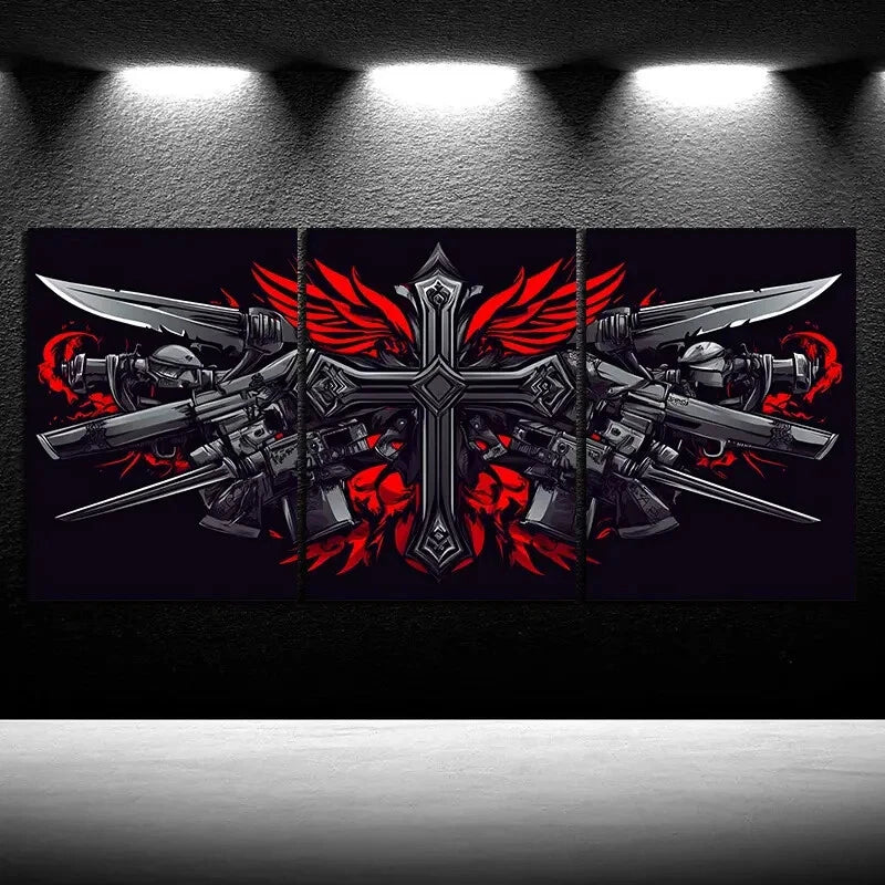 3pcs Ancient Swords and Skeletons Red Metal Print Ready to Hang Art - Bella Home Decor