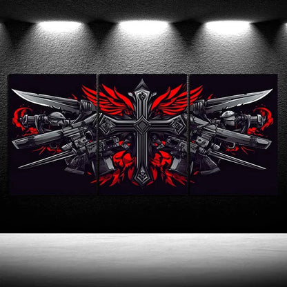 3pcs Ancient Swords and Skeletons Red Metal Print Ready to Hang Art - Bella Home Decor