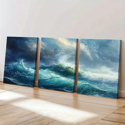 3pcs Turquoise Blue Stormy Seascape  Wall Art Set Canvas Framed 50x70cm - High Quality Print 100% Australian Made Wall Canvas Ready to Hang