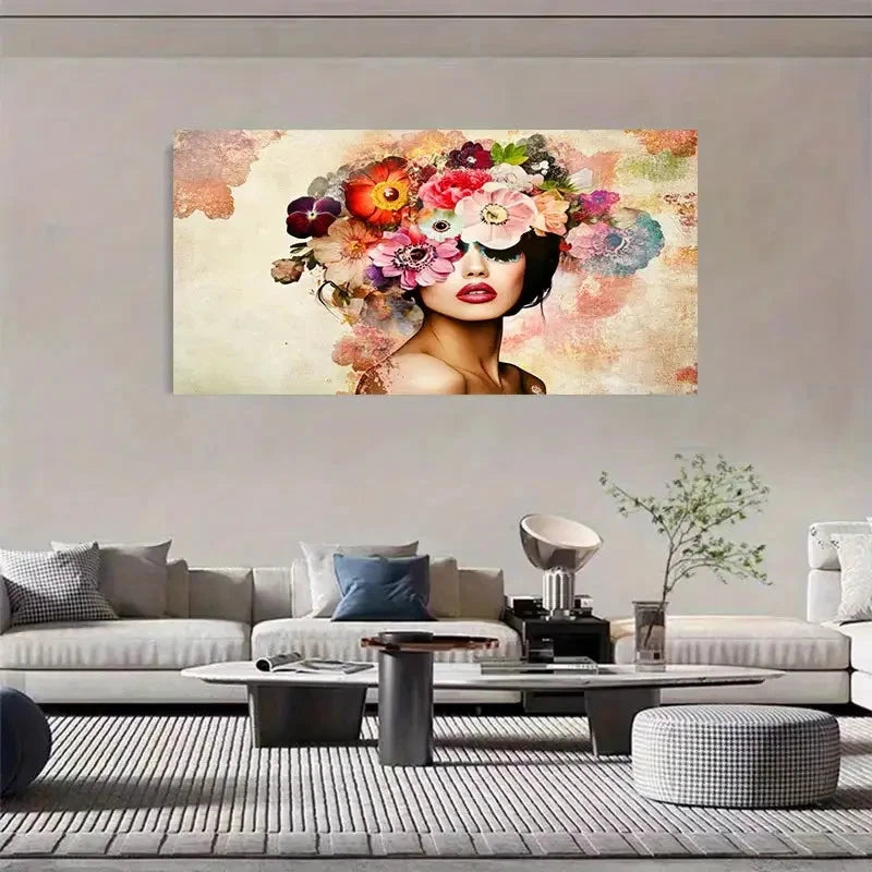 Fantasy Woman Vibrant Flowers Wall Art Canvas Office Home Room Framed 120x60cm