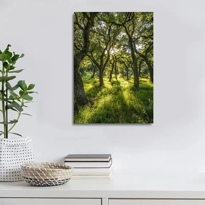 Lush Oak Forest Scene with Sunlit Trees Painting 40x60cm Metal Print Ready to Hang - Bella Home Decor