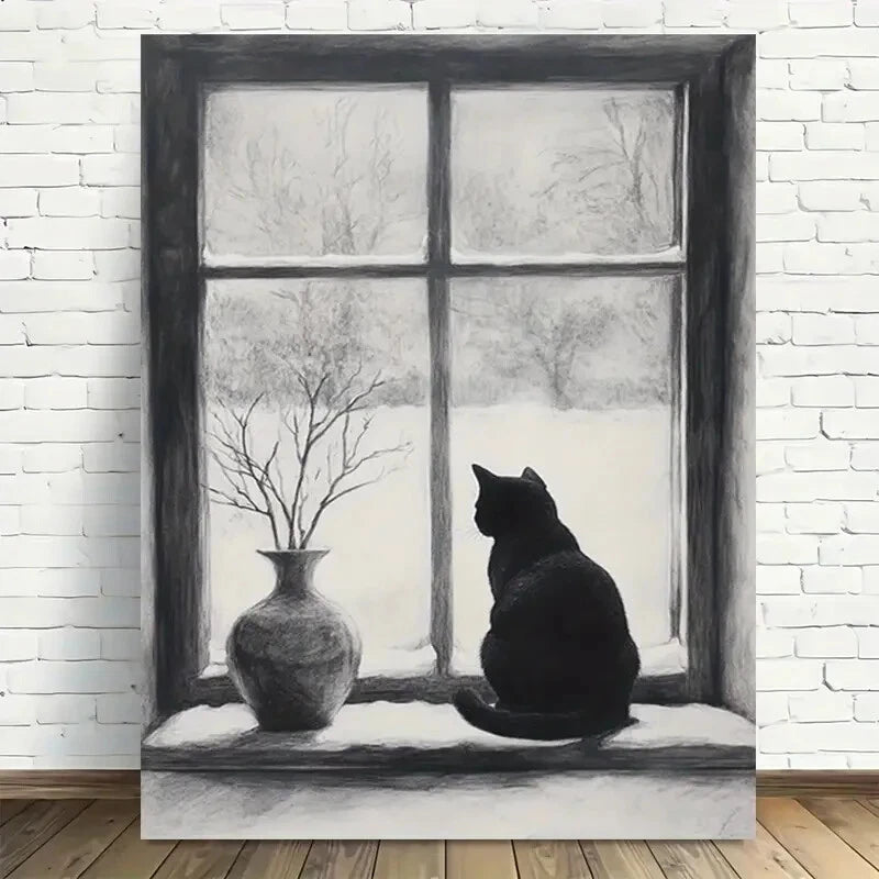 Beautiful Cozy Winter Scene with Cat & Vase by Window 40x60cm Metal Print Ready to Hang - Bella Home Decor