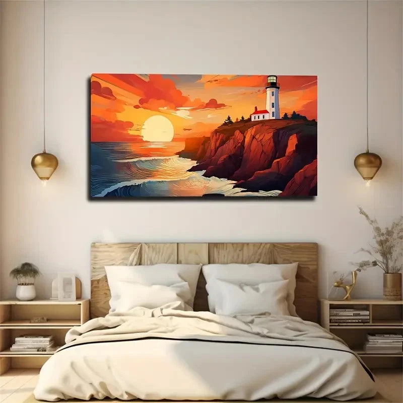 Sunset And Lighthouse Space Wall Art Canvas Office Home Room Framed 120x60cm