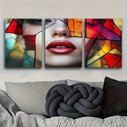 3pcs Stained Glass Lip Wall Art Set Canvas Framed 40x60cm - High Quality Print 100% Australian Made Wall Canvas Ready to Hang - Bella Home Decor