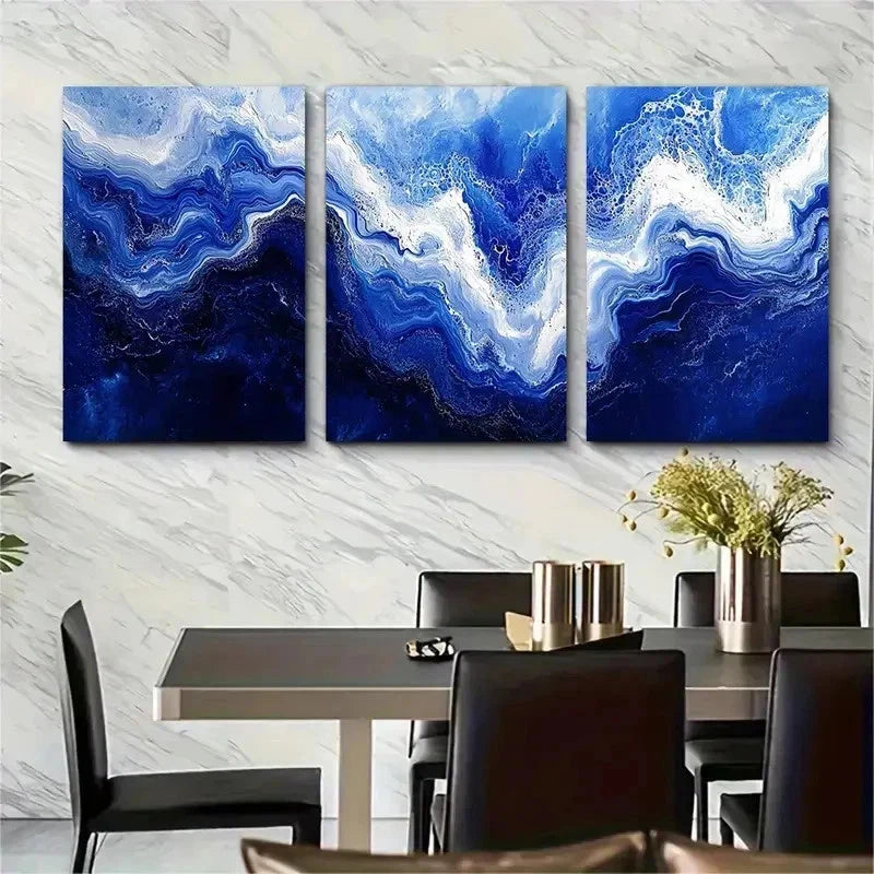 3pcs Rich Blue And White Abstract Perfect Wall Art Set Canvas Framed 50x70cm - High Quality Print 100% Australian Made Wall Canvas Ready to Hang