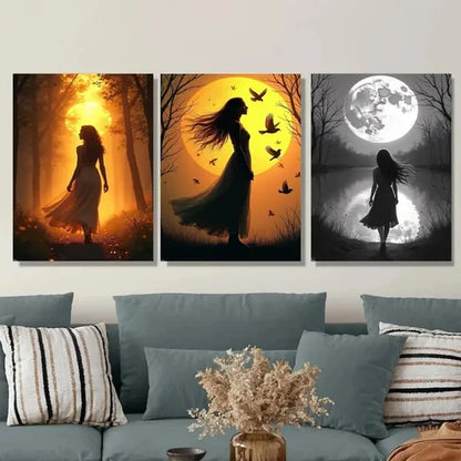 3pcs Sunset, Moonlight & Silhouette Classic Girl Wall Art Set Canvas Unframed - High Quality Print 100% Australian Made Wall Canvas