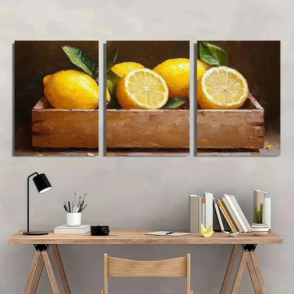 3pcs Lemon Fruits Artwork Neutral Perfect Wall Art Set Canvas Framed 60x90cm - High Quality Print 100% Australian Made Wall Canvas Ready to Hang