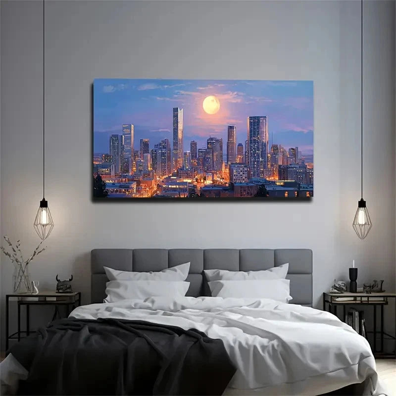 Realistic City Night Skyline Wall Art Canvas Office Home Room Framed 120x60cm
