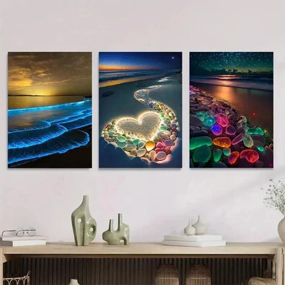 3pcs Vibrant Beach Scenes with Heart Accents Wall Art Set Canvas Unframed - High Quality Print 100% Australian Made Wall Canvas