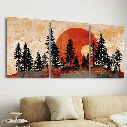 3pcs Sun Over Forest Japanese Earth Tones Wall Art Set Canvas Framed 40x60cm - High Quality Print 100% Australian Made Wall Canvas Ready to Hang