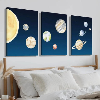 3pcs Navy Blue Starry Sky Planet Perfect Wall Art Set Canvas Framed 40x60cm - High Quality Print 100% Australian Made Wall Canvas Ready to Hang - Bella Home Decor