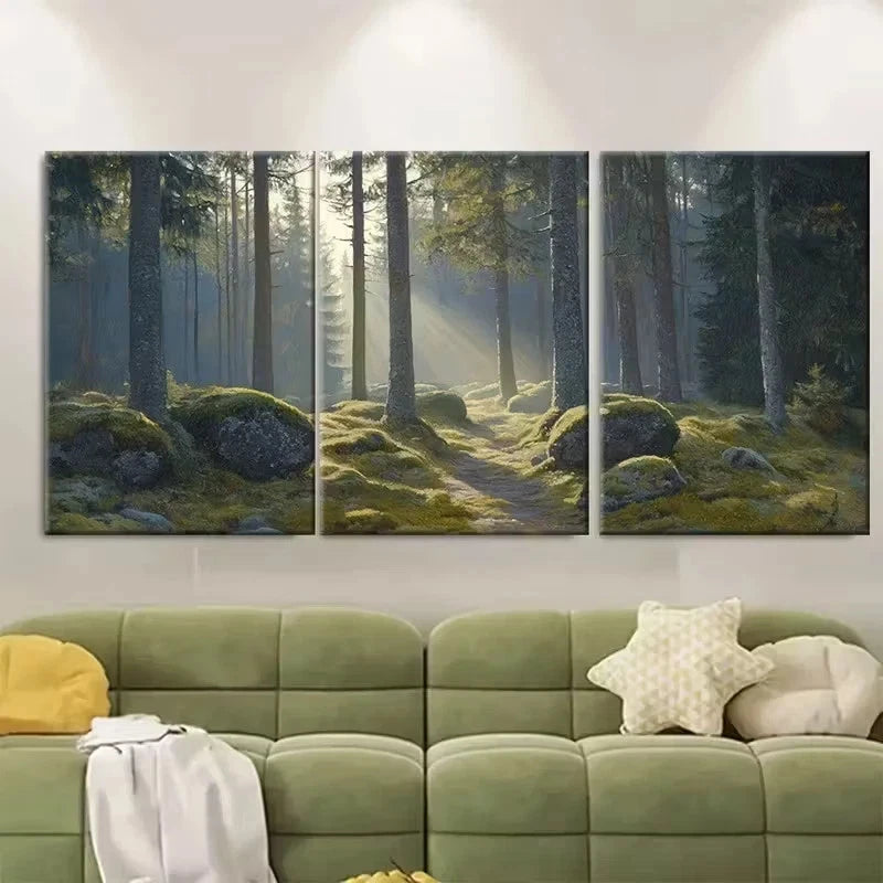 3pcs Black Forest in Morning Mist Wall Art Set Canvas Framed 60x90cm - High Quality Print 100% Australian Made Wall Canvas Ready to Hang - Bella Home Decor