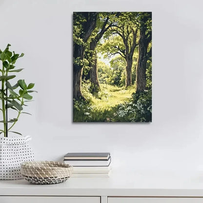 Vibrant Oak Forest Lush Greenery and Sunlit Painting 40x60cm Metal Print Ready to Hang - Bella Home Decor
