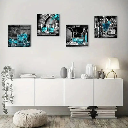 4pcs Abstract Blue Wine Glass Wall Art Canvas Framed