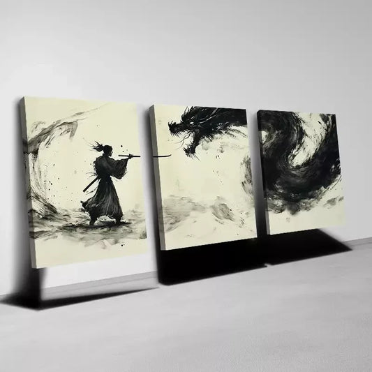 3pcs Ancient Japanese Dragon & Samurai Wall Art Set Canvas Framed 50x70cm - High Quality Print 100% Australian Made Wall Canvas Ready to Hang