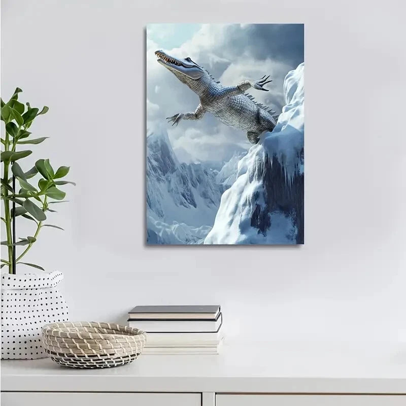 Crocodile Leaping On Snowy Mountain Painting 40x60cm Metal Print Ready to Hang - Bella Home Decor