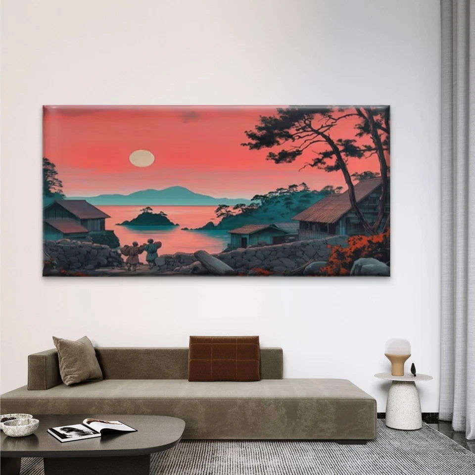 Chinese Inspired Asian Village Wall Art Canvas Office Home Room Framed 120x60cm - Bella Home Decor