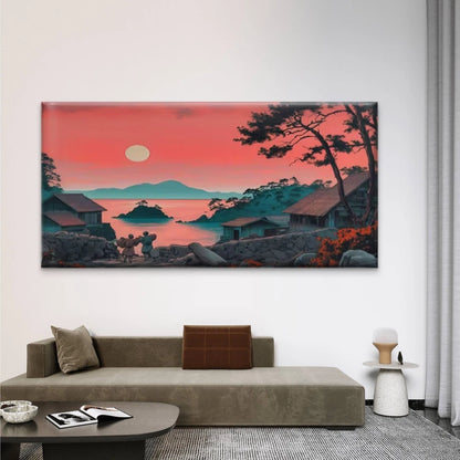Chinese Inspired Asian Village Wall Art Canvas Office Home Room Framed 120x60cm - Bella Home Decor