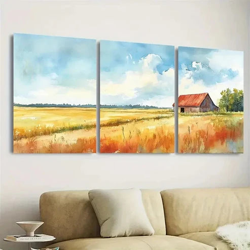 3pcs Rustic Barn & Fields Landscape Wall Art Set Canvas Unframed - High Quality Print 100% Australian Made Wall Canvas - Bella Home Decor