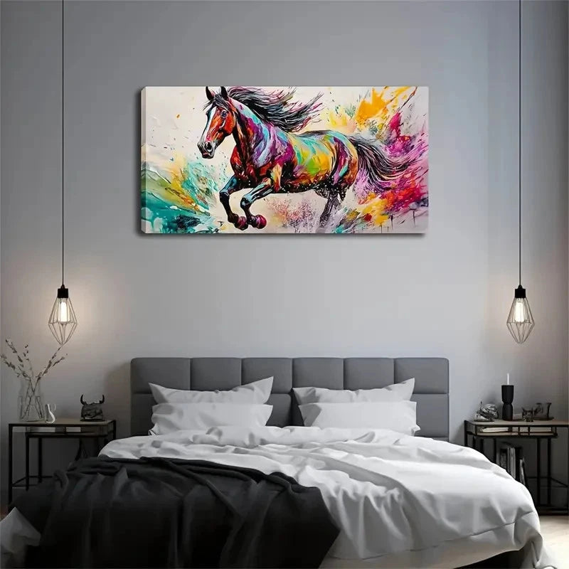 Vibrant Horse Watercolor Color Wall Art Canvas Office Home Room Framed 120x60cm