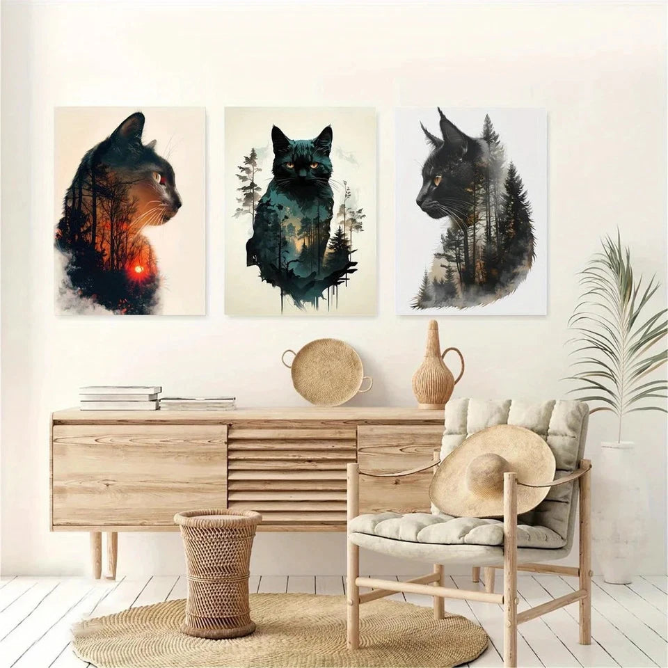 3pcs Cat & Forest Animal Themed Metal Print Ready to Hang Art - Bella Home Decor