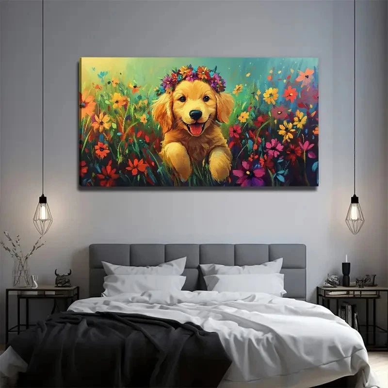 Cute Dog With Flower Wreath Wall Art Canvas Office Home Room Framed 120x60cm