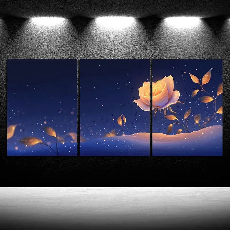 3pcs Beautiful Rose Golden Flower Metal Print Ready to Hang Art - Bella Home Decor