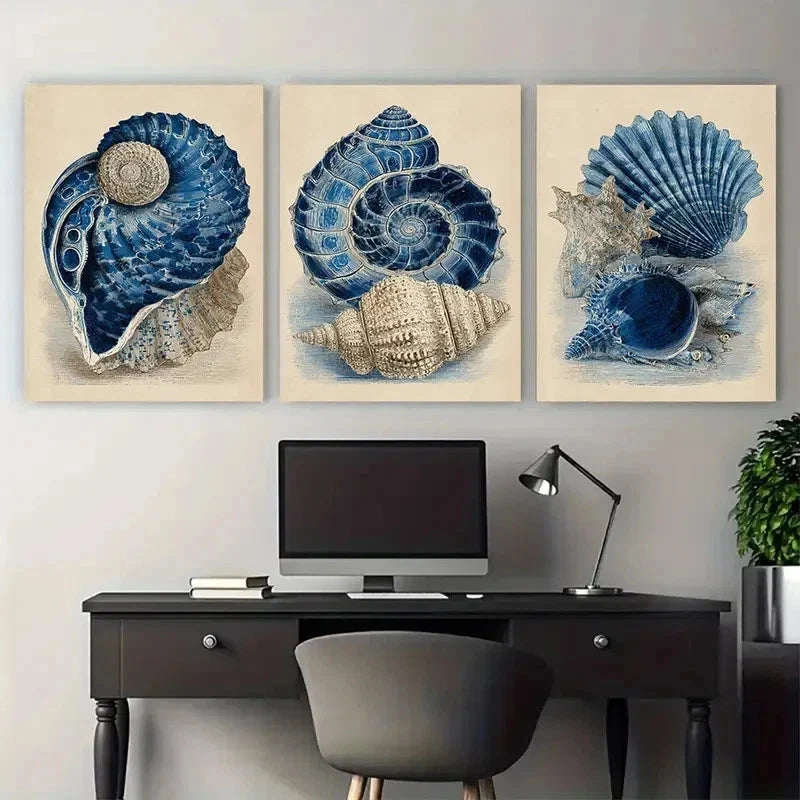 3pcs Blue Vintage Seashell Ocean Perfect Wall Art Set Canvas Framed 50x70cm - High Quality Print 100% Australian Made Wall Canvas Ready to Hang - Bella Home Decor