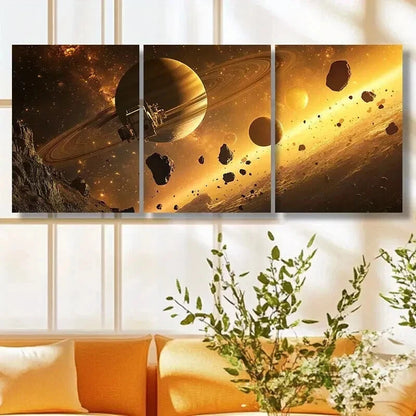 3pcs Golden Planets & Stars Dramatic Perfect Wall Art Set Canvas Framed 60x90cm - High Quality Print 100% Australian Made Wall Canvas Ready to Hang - Bella Home Decor