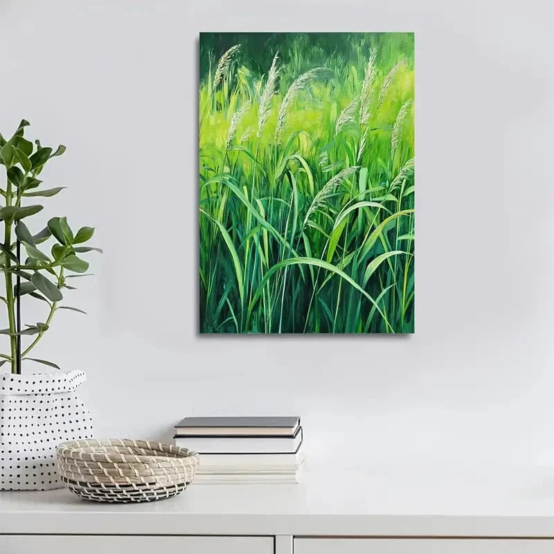 Beautiful Green Mint Grass Meadow Painting 40x60cm Metal Print Ready to Hang - Bella Home Decor