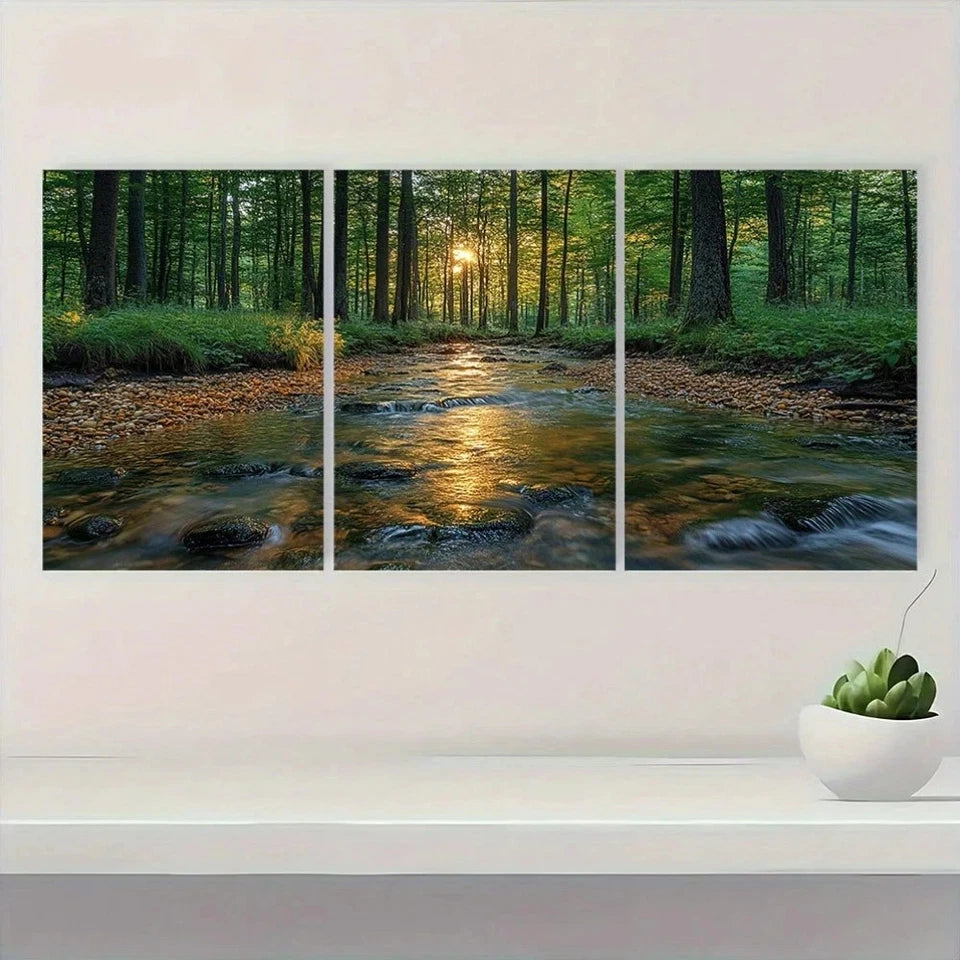 3pcs Serene Forest Stream Scene Metal Print Ready to Hang Art - Bella Home Decor
