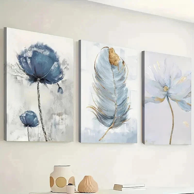 3pcs Modern Floral & Feather Décor Perfect Wall Art Set Canvas Framed 60x90cm - High Quality Print 100% Australian Made Wall Canvas Ready to Hang - Bella Home Decor