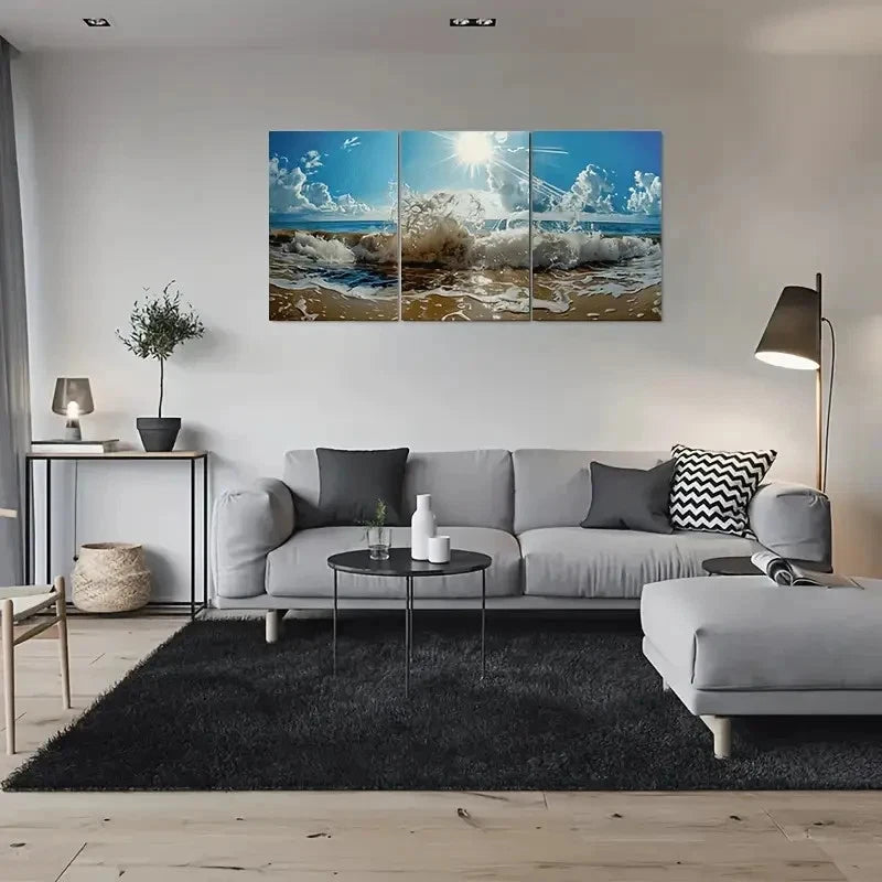 3pcs Beach Waves Ocean Sunset Metal Print Ready to Hang Art - Bella Home Decor