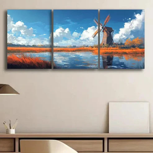 3pcs A Windmill on the Water Perfect Wall Art Set Canvas Unframed - High Quality Print 100% Australian Made Wall Canvas