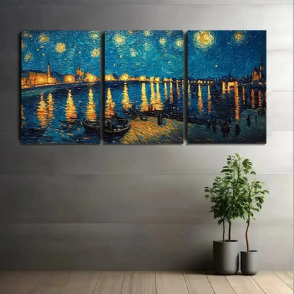 3pcs Swirling Stars and Peaceful Village Metal Print Ready to Hang Art - Bella Home Decor