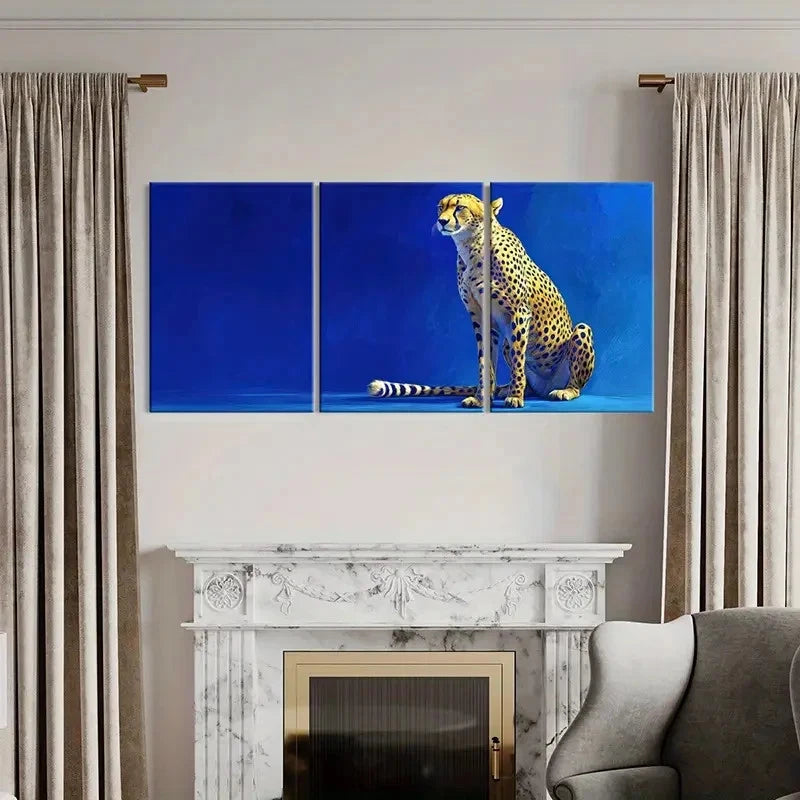 3pcs Leopard Blue Background Animal Theme  Wall Art Set Canvas Framed 50x70cm - High Quality Print 100% Australian Made Wall Canvas Ready to Hang