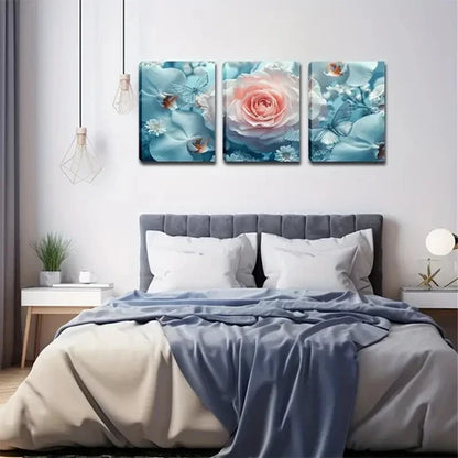 3pcs Serene Light Blue Floral & Butterfly Design Wall Art Set Canvas Unframed - High Quality Print 100% Australian Made Wall Canvas