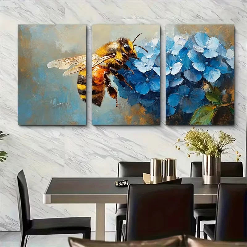3pcs Hydrangea Painting Honeybee Metal Print Ready to Hang Art