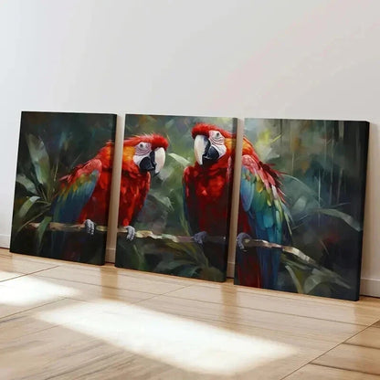 3pcs Red Macaw Birds In The Rainforest Wall Art Set Canvas Framed 60x90cm - High Quality Print 100% Australian Made Wall Canvas Ready to Hang - Bella Home Decor