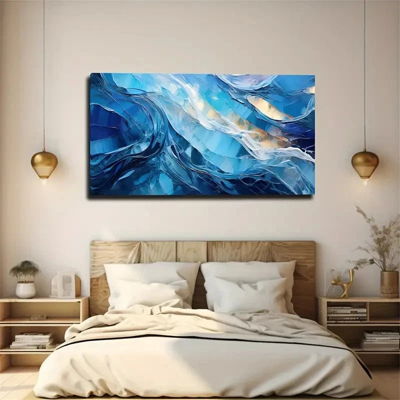 Blue Turquoise & Golden Wall Art Canvas Office Home Room Framed 120x60cm