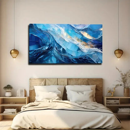 Blue Turquoise & Golden Wall Art Canvas Office Home Room Framed 120x60cm